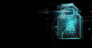 Arka planda veri işleme sistemi olan çevrimiçi güvenlik asma kilidi resmi. küresel bağlantılar, dijital arayüz ve dijital olarak oluşturulan güvenlik konsepti.