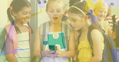 Akıllı telefon kullanan çeşitli okul çocuklarının bulmaca parçaları. otizm farkındalık ayı ve dijital olarak üretilen görüntü konsepti.