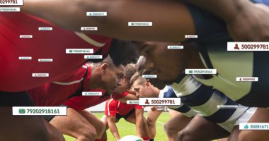 Stadyumda oynayan çeşitli erkek rugby oyuncularının medya simgeleri. spor ve sosyal medya kavramı dijital olarak oluşturulmuş görüntü.