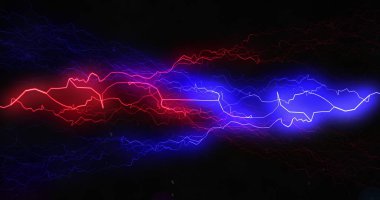 Canlı mavi ve kırmızı yıldırımlar karanlığı elektriklendirir. Bu resim enerjiyi, gücü ya da yüksek teknoloji kavramlarını sembolize eder..