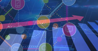 Arkaplanı pembe okla gösteren istatistiklerin üzerindeki dijital simgelerin resmi. küresel teknoloji, bağlantılar ve dijital arayüz konsepti dijital olarak oluşturulmuş görüntü.