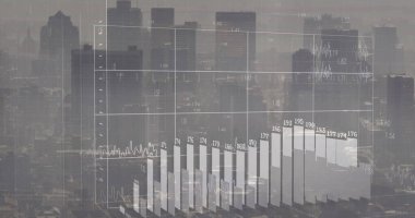 Şehir manzarası üzerinde finansal veri işleme resmi. küresel finans, iş ve dijital arayüz kavramı dijital olarak oluşturulmuş görüntü.