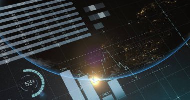Dünya çapında istatistik ve finansal veri işleme görüntüsü. küresel iş, dijital arayüz, teknoloji ve ağ konsepti dijital olarak oluşturulmuş görüntü.