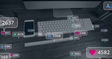 Ofisin üzerinde medya simgeleri. Sosyal medya ve dijital arayüz konsepti dijital olarak oluşturuldu.