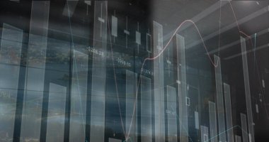 Pencereden şehir manzarasının havadan görüntüsü üzerinden istatistiksel veri işleme resmi. İş veri teknolojisi kavramı