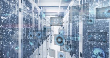 Sunucu odasında tarama ve matematiksel denklemlerin görüntüsü. Küresel teknoloji, bilgisayar ve dijital arayüz kavramı dijital olarak oluşturulmuş görüntü.