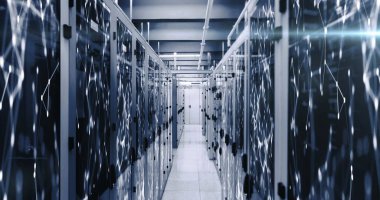 Bilgisayar sunucuları üzerinden bağlantı ağlarının resmi. küresel teknoloji, veri işleme ve dijital arayüz kavramı dijital olarak oluşturulmuş görüntü.