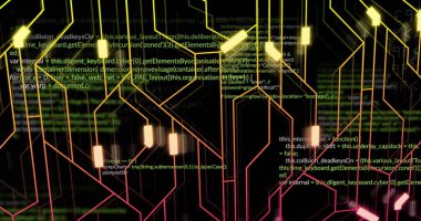 Siyah arkaplanda veri işleme resmi. küresel iş ve dijital arayüz kavramı dijital olarak oluşturulmuş görüntü.