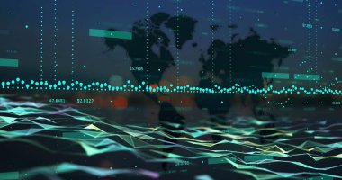 Dünya haritası üzerinde veri işleme resmi. küresel iş ve dijital arayüz kavramı dijital olarak oluşturulmuş görüntü.