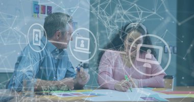 Muhtelif iş adamlarının ofiste iş tartışmalarından oluşan bir ağ görüntüsü. Küresel iş, finans ve dijital arayüz kavramı dijital olarak oluşturulmuş görüntü.