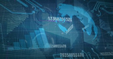 Grafikli finansal verilerin görüntüsü, dijital arayüzde küresel işleme. Dijital bileşik, yapay zeka, küresel iletişim, bulut hesaplama, geliştirme, teknoloji.