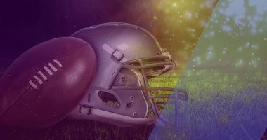 Beyzbol kaskı ve eldiveni üzerinde konfeti resmi. spor, rekabet ve zafer konsepti dijital olarak oluşturulmuş imaj.