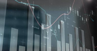 Şehrin üzerinde hareket eden finansal grafiklerin resmi. Küresel ticaret, finans ve ekonomi kavramı dijital olarak üretilen imaj.