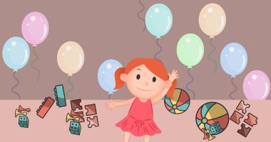 Pembe arka planda liseli kız ikonu ve balon resmi. Evrensel çocuklar günü ve dijital olarak üretilen görüntü kutlaması konsepti.