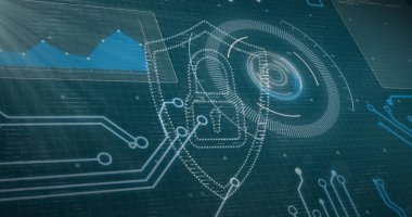 Grafik ve veri işleme üzerinden asma kilit ve anakart görüntüsü. Küresel iletişim, iş dünyası, veri güvenliği ve dijital arayüz konsepti dijital olarak oluşturulmuş görüntü.