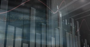 Pencereden şehir manzarasının havadan görüntüsü üzerinden istatistiksel veri işleme resmi. İş veri teknolojisi kavramı