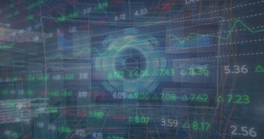 Şekiller üzerinde finansal veri işleme resmi. Küresel finansman, bilgisayar ve dijital arayüz kavramı dijital olarak oluşturulmuş görüntü.