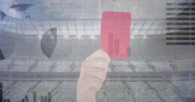 İstatistiksel veri işleme, arka planda spor stadyumuna karşı kırmızı kart tutuyor. Spor yarışması ve turnuva konsepti