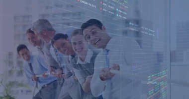 Çeşitli iş adamlarının sınırlarını zorlayan veri işleme görüntüsü. küresel iş, finans, bağlantılar ve dijital arayüz konsepti dijital olarak oluşturulmuş görüntü.