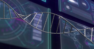 Siyah arkaplandaki veri işleme üzerindeki DNA ipliğinin resmi. Küresel bilim, bilgisayar ve dijital arayüz kavramı dijital olarak oluşturulmuş görüntü.