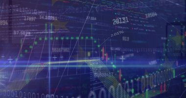 Mavi arkaplanda grafik ve veri işleme resmi. Küresel iletişim, iş, veri ve dijital arayüz kavramı dijital olarak oluşturulmuş görüntü.