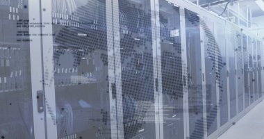 Sunucu odasında veri işleme resmi. küresel iş ve dijital arayüz kavramı dijital olarak oluşturulmuş görüntü.
