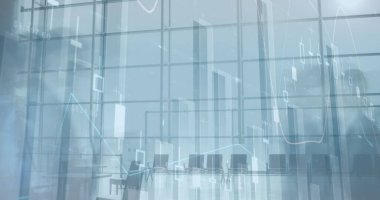 İstatistiksel veri işlemenin birleşik görüntüsüyle ofiste yürüyen insanların zaman atlaması. iş ve teknoloji kavramı