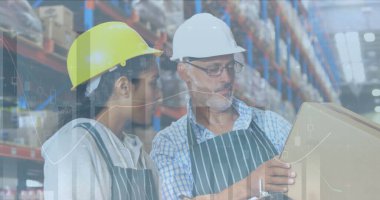 Depoda çalışan kadın ve erkeğin istatistik ve mali veri işleme görüntüsü. küresel gönderim ve bağlantılar konsepti dijital olarak oluşturulmuş görüntü.