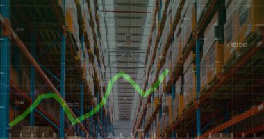 Boş deponun üzerindeki finansal veri işleme resmi. küresel sevkiyat, dağıtım ve bağlantılar konsepti dijital olarak oluşturuldu.