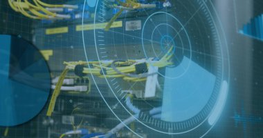 Bilgisayar sunucusundaki kablolar üzerinden tarama kapsamı resmi. küresel hesaplama ve veri işleme kavramı dijital olarak oluşturulmuş resim.