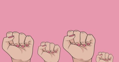 Image of raising fists on pink background. Global education and digital interface concept digitally generated image.