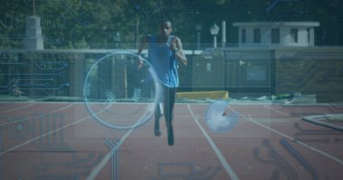 Engelli Afro-Amerikan erkek koşucunun veri işleme görüntüsü. Küresel spor ve dijital arayüz kavramı dijital olarak oluşturulmuş görüntü.