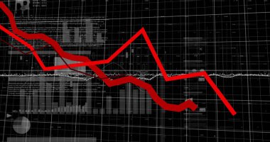 Siyah arka planda finansal veri işleme resmi. Küresel iş, finans ve dijital arayüz kavramı dijital olarak oluşturulmuş görüntü.