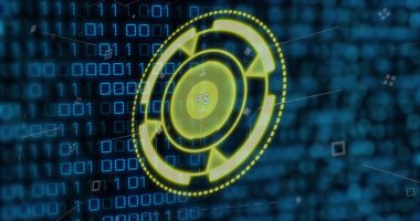 İkili kod üzerinde sayılar olan sarı daire resmi. Bilgisayarlar, veri işleme ve teknoloji konsepti dijital olarak oluşturuldu.