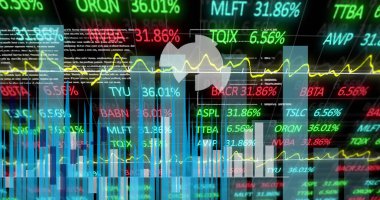 Finansal veri işleme resmi, siyah arkaplan istatistikleri. Küresel finans, iş ve veri işleme kavramı dijital olarak oluşturulmuş görüntü.