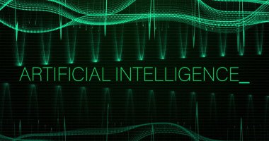 Noktaların üzerine yapay zeka metni resmi. Küresel iş ve dijital arayüz kavramı dijital olarak oluşturulmuş görüntü.