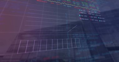 Şehir manzarası üzerinde veri işleme resmi. küresel iş ve dijital arayüz kavramı dijital olarak oluşturulmuş görüntü.