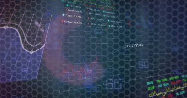 Veri işleme üzerindeki şekillerin resmi ve siyah arkaplanda daire çizmek. Küresel teknoloji, bilgisayar ve dijital arayüz kavramı dijital olarak oluşturulmuş görüntü.