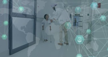 Afro-amerikan erkek bir hastanın tıbbi veri işleme görüntüsü. Küresel sağlık, bilim, tıp, araştırma, bilgisayar ve veri işleme kavramı dijital olarak oluşturulmuş görüntü.