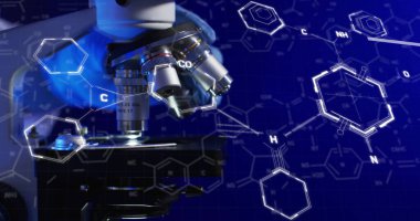 Laboratuvar mikroskobundan mavi arka planda kimyasal yapıların görüntüsü. Bilim, araştırma ve laboratuar konsepti dijital olarak oluşturulmuş görüntü.