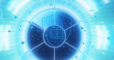 Grafikler ve veri işleme üzerinde asma kilit resmi. Küresel iletişim, iş dünyası, veri güvenliği ve dijital arayüz konsepti dijital olarak oluşturulmuş görüntü.