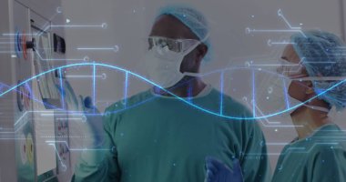 Söz konusu kadın ve erkek cerrah üzerinde DNA ipliği ve işleme verilerinin görüntüsü. Tıbbi ve sağlık hizmetleri konsepti dijital olarak oluşturulmuş görüntü.