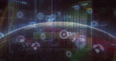 Dünya ve sunucu odasındaki tarama ve veri işleme görüntüsü. Küresel teknoloji, bilgisayar ve dijital arayüz kavramı dijital olarak oluşturulmuş görüntü.