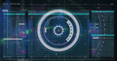 Bilgisayar dili ve eski bilgisayar arayüzü üzerindeki dairelerin görüntüsü arkaplandaki grafiğe karşı. Dijital olarak oluşturulmuş, hologram, rapor, iş, kodlama, makine öğrenme ve teknoloji kavramı.