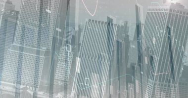 Tepetaklak olmuş yüksek binalara karşı dünya haritasında istatistiksel veri işleme görüntüsü. İş veri teknolojisi kavramı