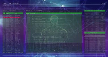 Ekranların üzerinde bilimsel veri işleme resmi. Küresel iş, finans ve veri işleme kavramı dijital olarak oluşturulmuş görüntü.