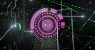 Uzayda yeşil çizgileri olan mor çemberin resmi. Bilgisayarlar, veri işleme ve teknoloji konsepti dijital olarak oluşturuldu.