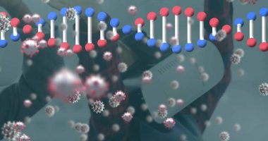 Düşen hücrelerin ve video kulaklık kullanan insanların üzerindeki DNA iplikçikleri. Genel covid 19 salgın konsepti dijital görüntü oluşturdu.