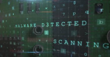 Mikroişlemci üzerinde birden fazla kelime ve sayının görüntüsü. dijital arayüz küresel bağlantılar kavramı dijital olarak oluşturulmuş görüntü.