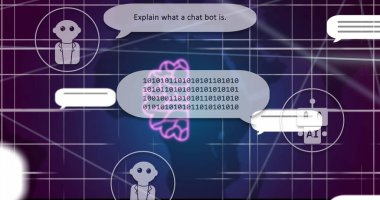 ai sohbet ve mor arka planda veri işleme görüntüsü. Küresel yapay zeka, dijital arayüz ve dijital olarak oluşturulan veri işleme kavramı.